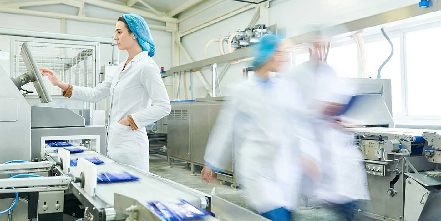 Food manufacturing industry workers in a processing plant